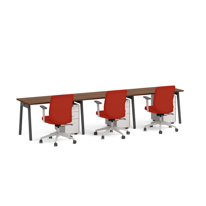 Modern office conference table with red chairs on white background. (Walnut-47&quot;)