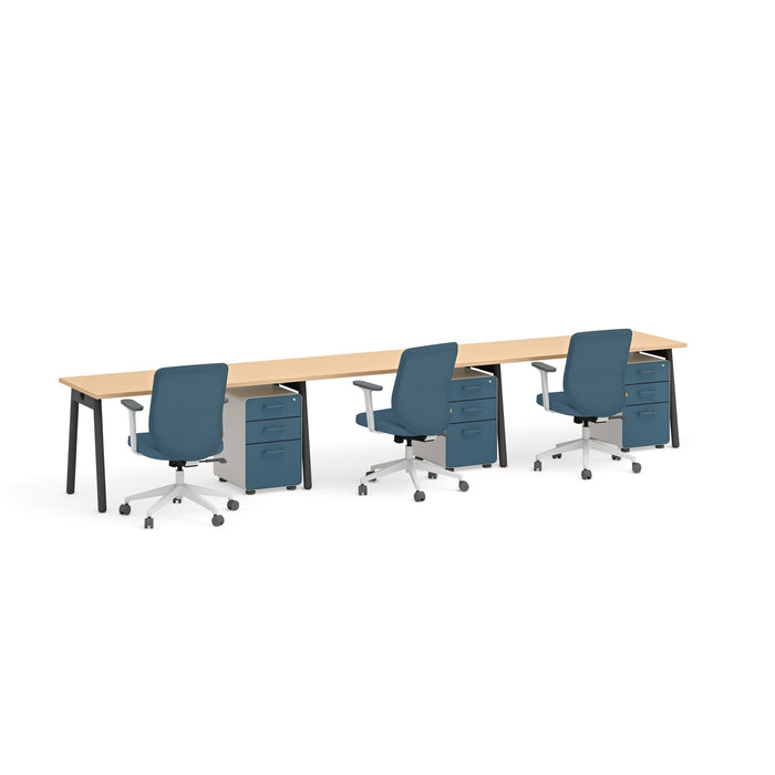 Office desk with blue chairs and storage drawers on white background (Natural Oak-57&quot;)