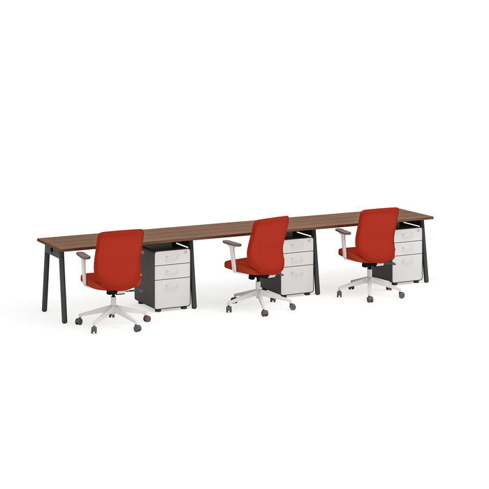 Modern office table with red chairs and white filing cabinets on a white background. (Walnut-57&quot;)