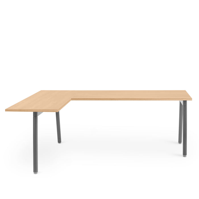 L-shaped wooden office desk with metal legs on a white background. (Natural Oak)