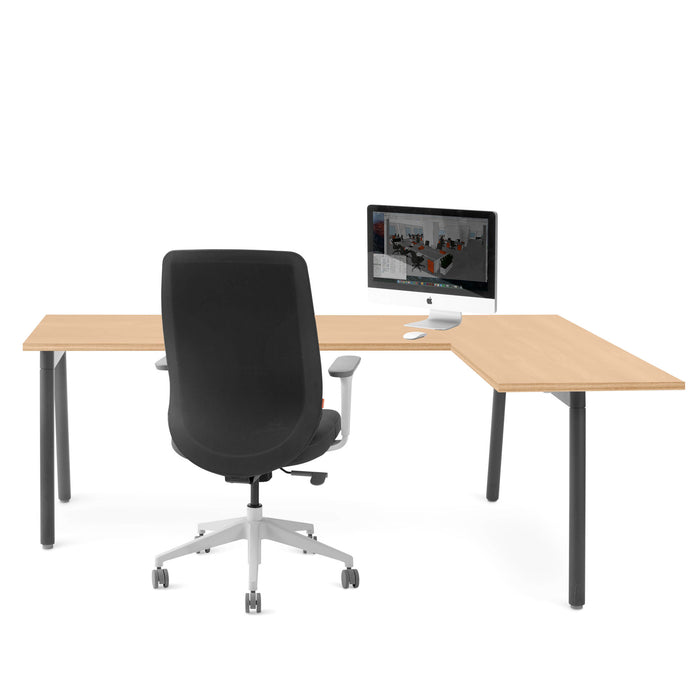 Modern office desk setup with ergonomic chair and desktop computer on white background. (Natural Oak)