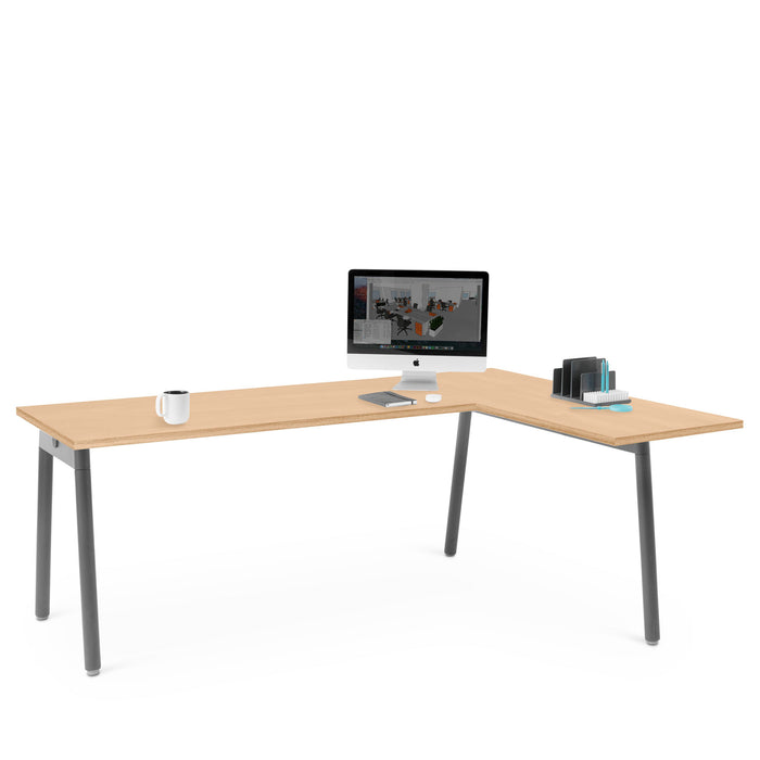 Modern office desk with computer, coffee cup, and stationery items on white background. (Natural Oak)
