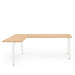 Modern L-shaped wooden office desk with white legs on a white background (Natural Oak)