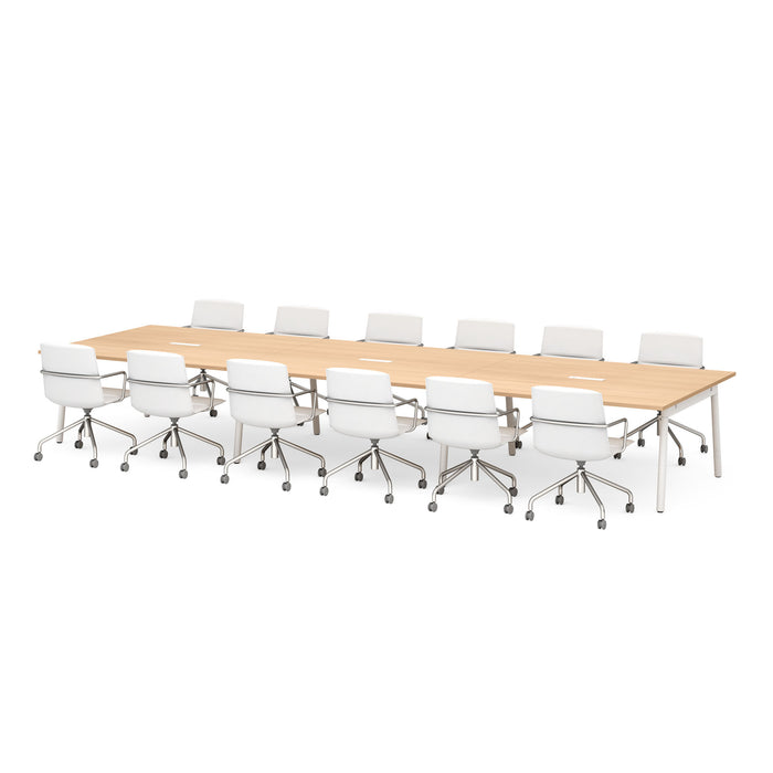 Modern conference room with long table and white office chairs on white background. (Natural Oak-198&quot;)