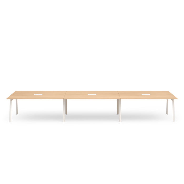 Three-sectioned modular office table with drawer units on a white background. (Natural Oak-198&quot;)