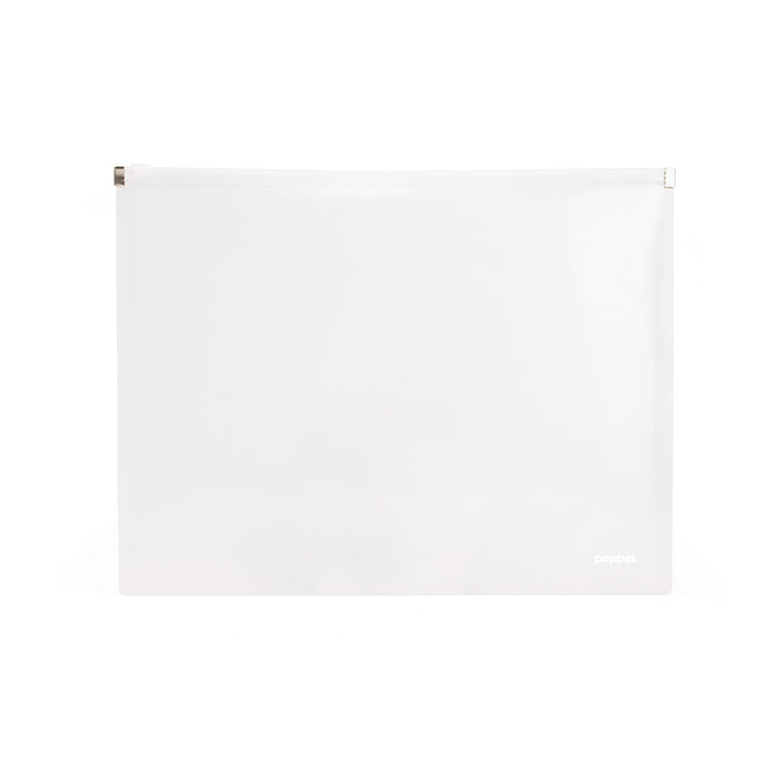Clear plastic zipper pouch by Poppin isolated on white background. (White)