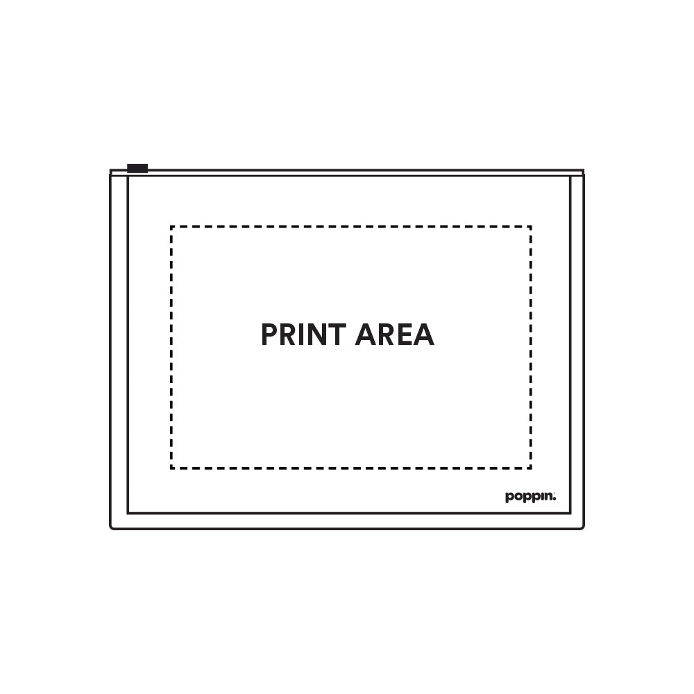 Black and white illustration of a print area layout with dotted border and logo. (Aqua)(White)