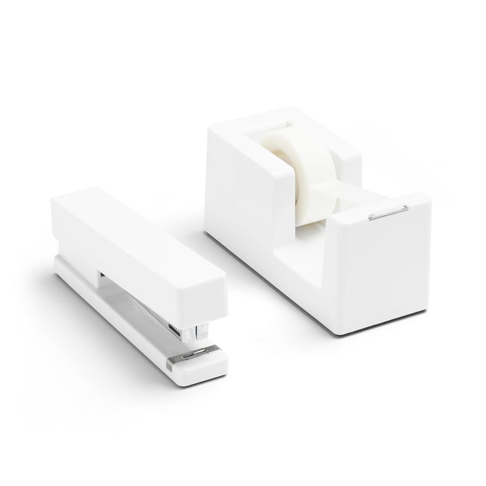 White stapler and tape dispenser on a white background (White)