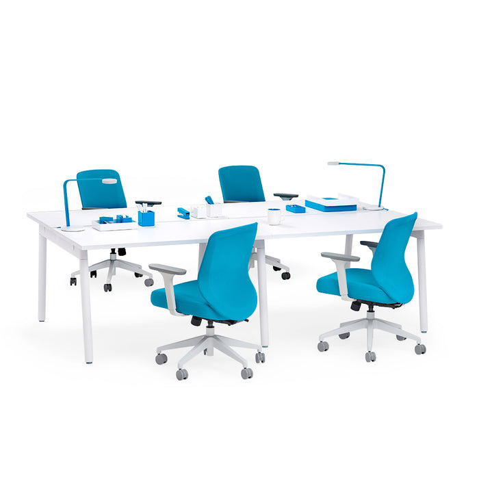 Modern office setup with white desks and blue office chairs on a white background. (White-47&quot;)