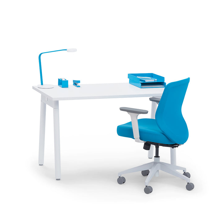 Modern blue and white home office setup with ergonomic chair and desk lamp. (White-47&quot;)