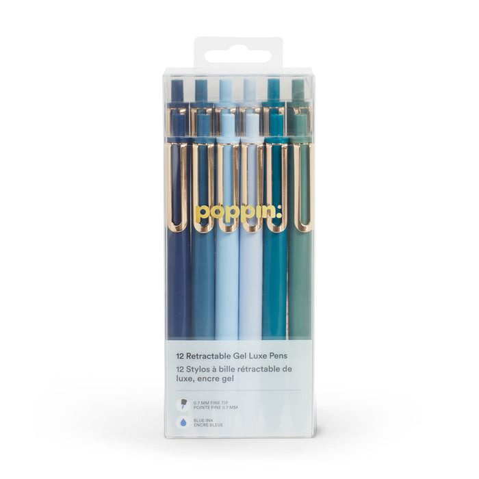 Pack of 12 Poppin blue retractable gel luxe pens in packaging. 