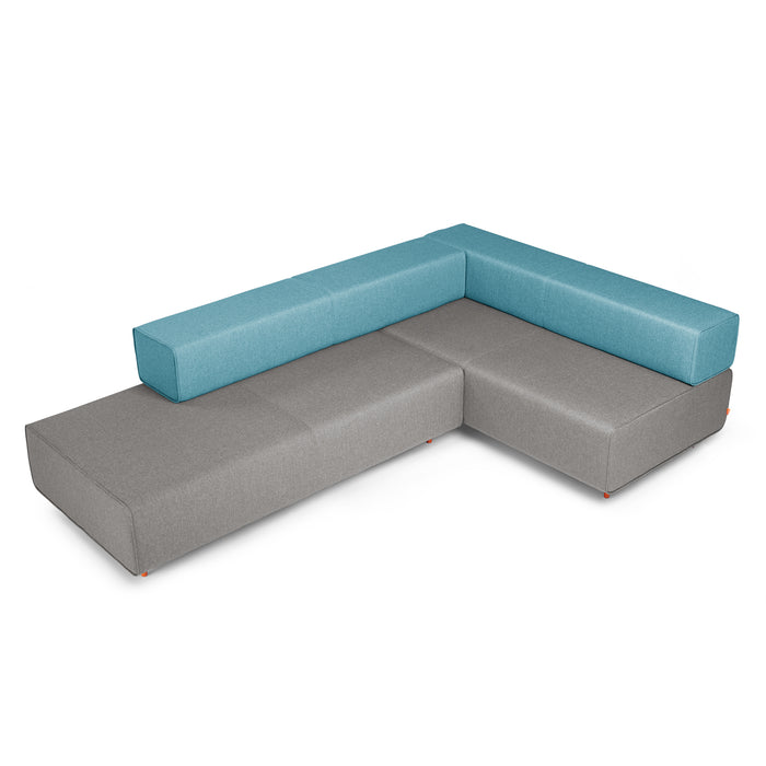 Modern L-shaped sectional sofa in blue and grey with minimal design on white background. (Gray-Blue)