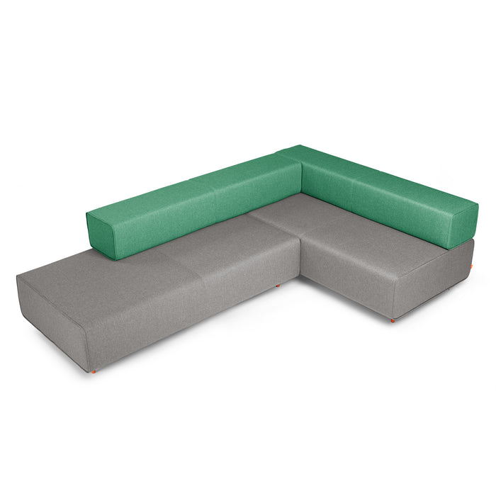 L-shaped sectional sofa with green and gray upholstery on white background. (Gray-Grass)