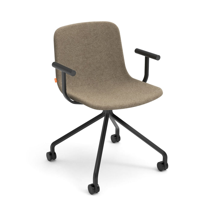 Modern brown fabric office chair with black wheels and armrests on white background. (Bark)