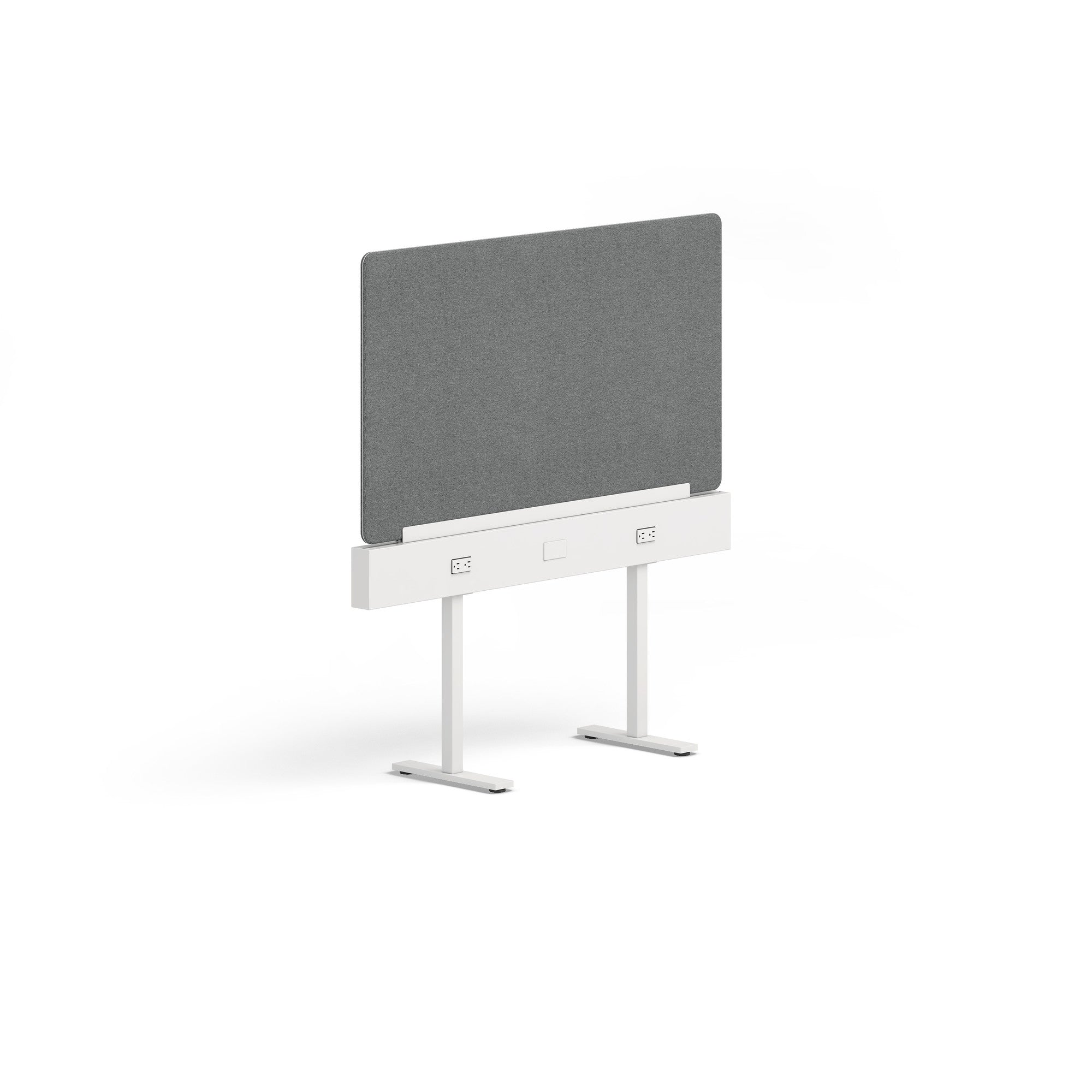 Modern gray acoustic desk divider on a white minimalist desk with white background. (Dark Gray-50")