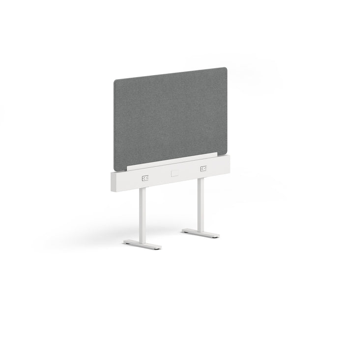 Modern gray acoustic desk divider on a white minimalist desk with white background. (Dark Gray-50&quot;)