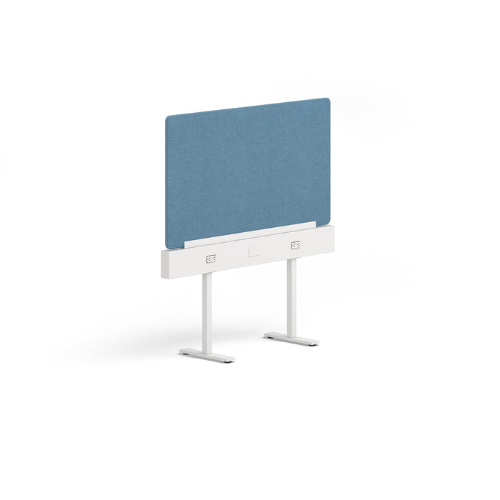 Modern blue office partition on white standing desk with metal legs on a white background. (Slate Blue-50&quot;)