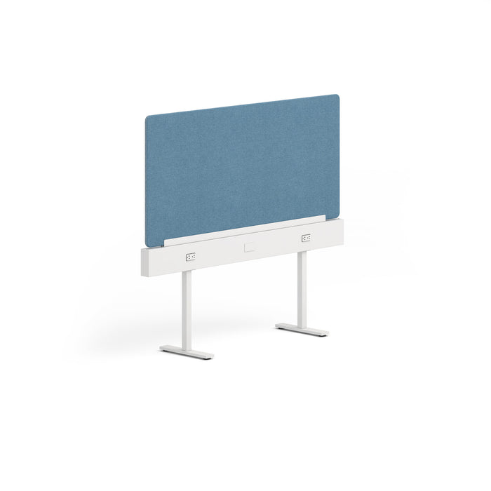 Blue acoustic desk divider on white stand with grey frame against a white background. (Slate Blue-60&quot;)