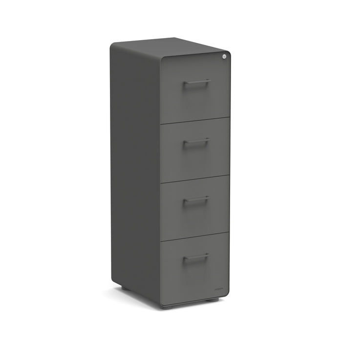 Gray metal four-drawer filing cabinet on white background. (Charcoal)