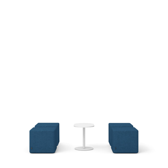 Two blue modern hexagonal chairs with a white round table on a white background. (Dark Blue)