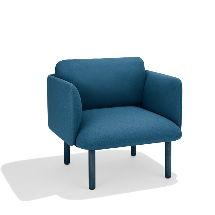 Modern blue fabric armchair with black legs on white background. (Dark Blue)