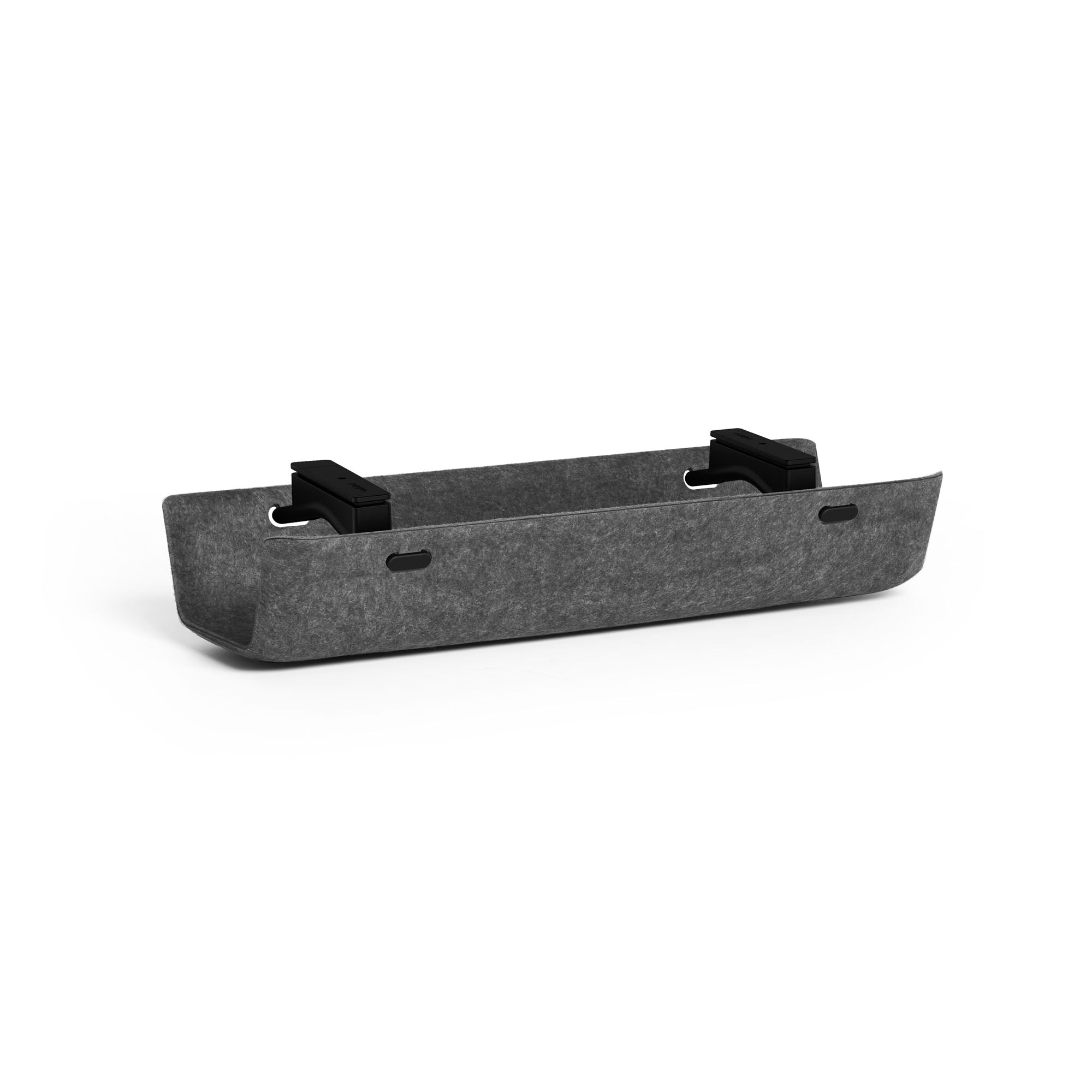 "Felt desk organizer tray with two black clips on white background." 