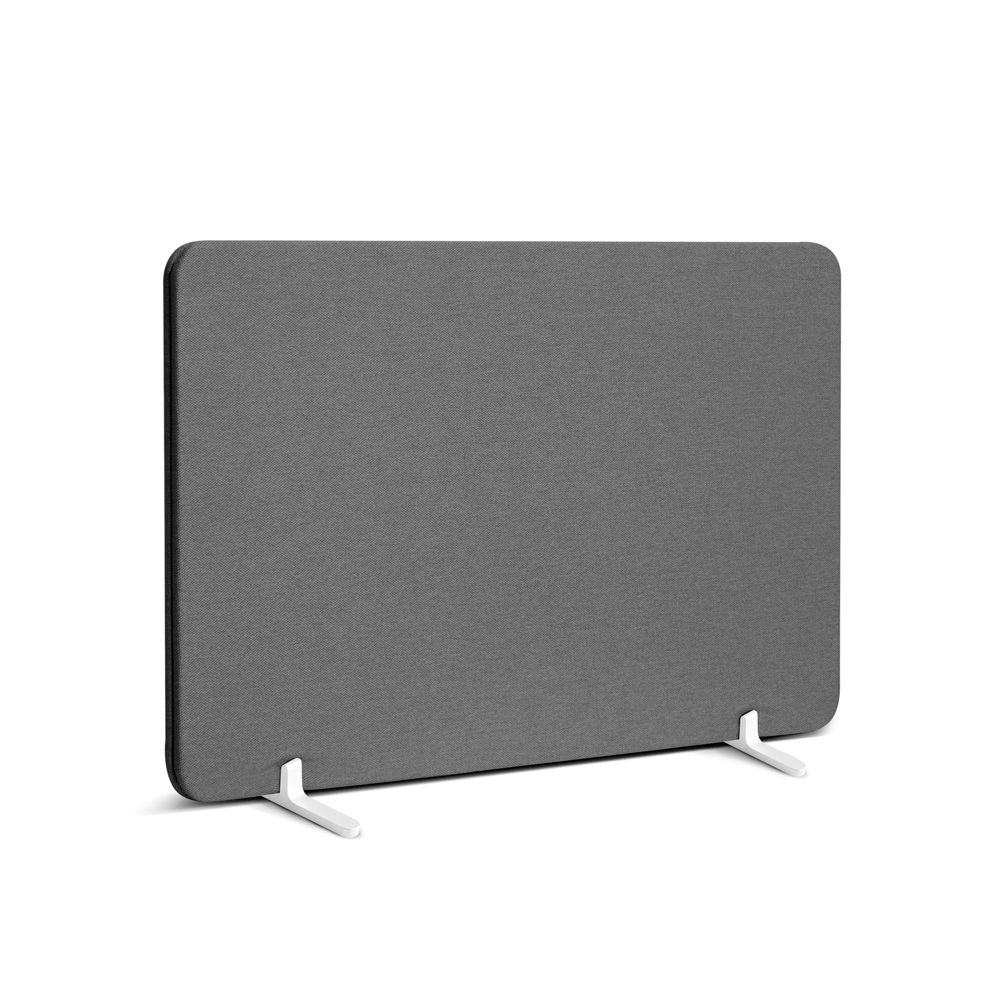 Gray desk privacy panel with white stands on a white background. (Dark Gray-27")