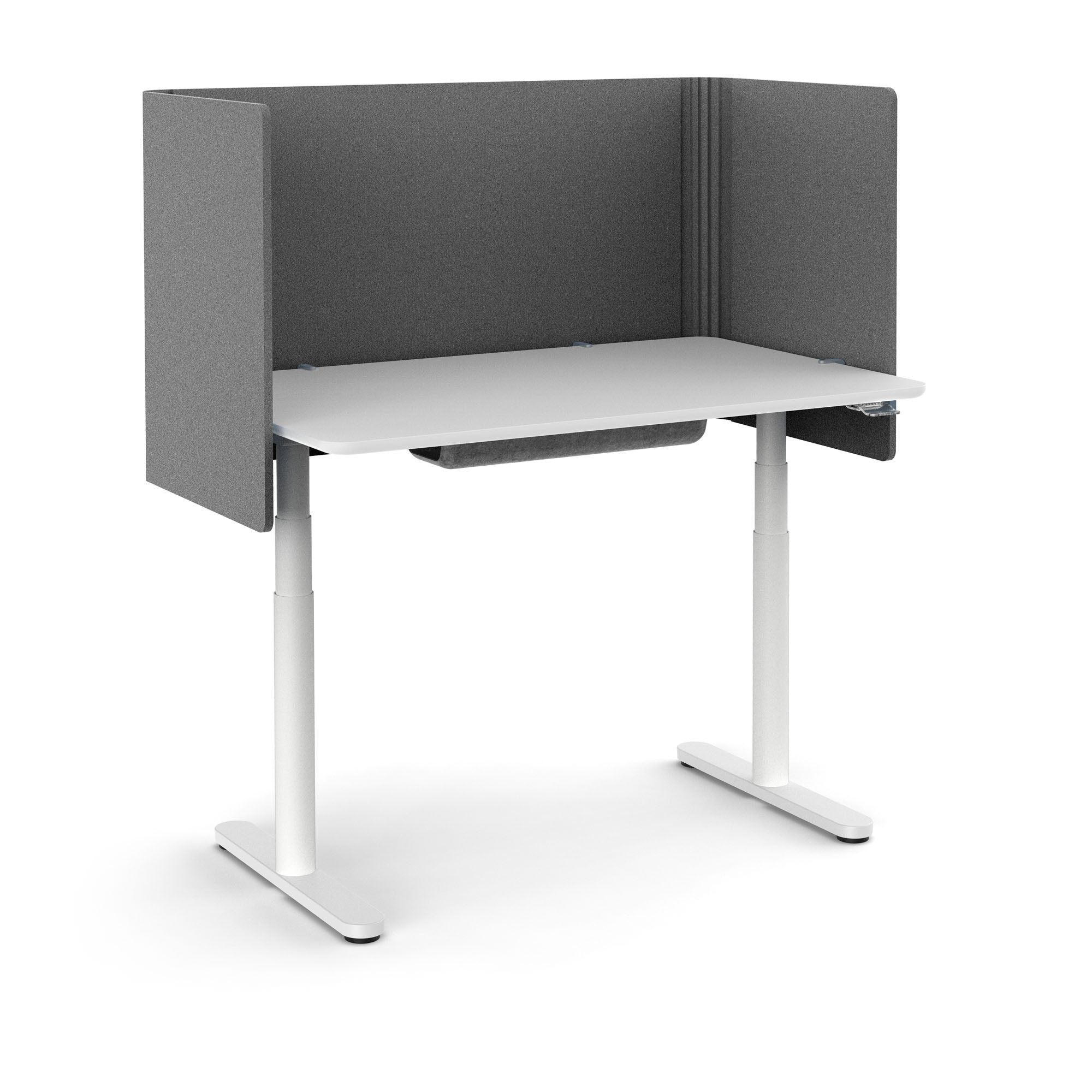 Modern adjustable standing desk with gray privacy panels on a white background. (Dark Gray-48")