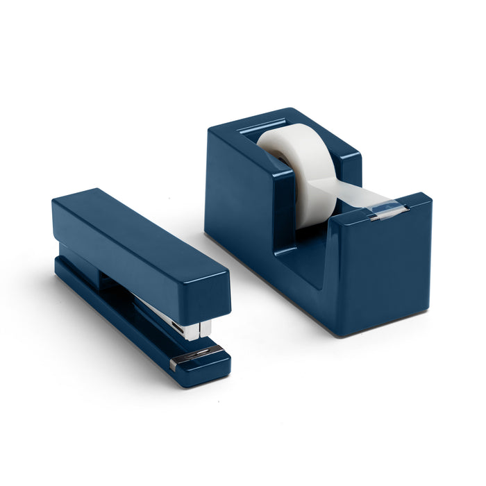 Blue office stapler and tape dispenser on white background. (Slate Blue)