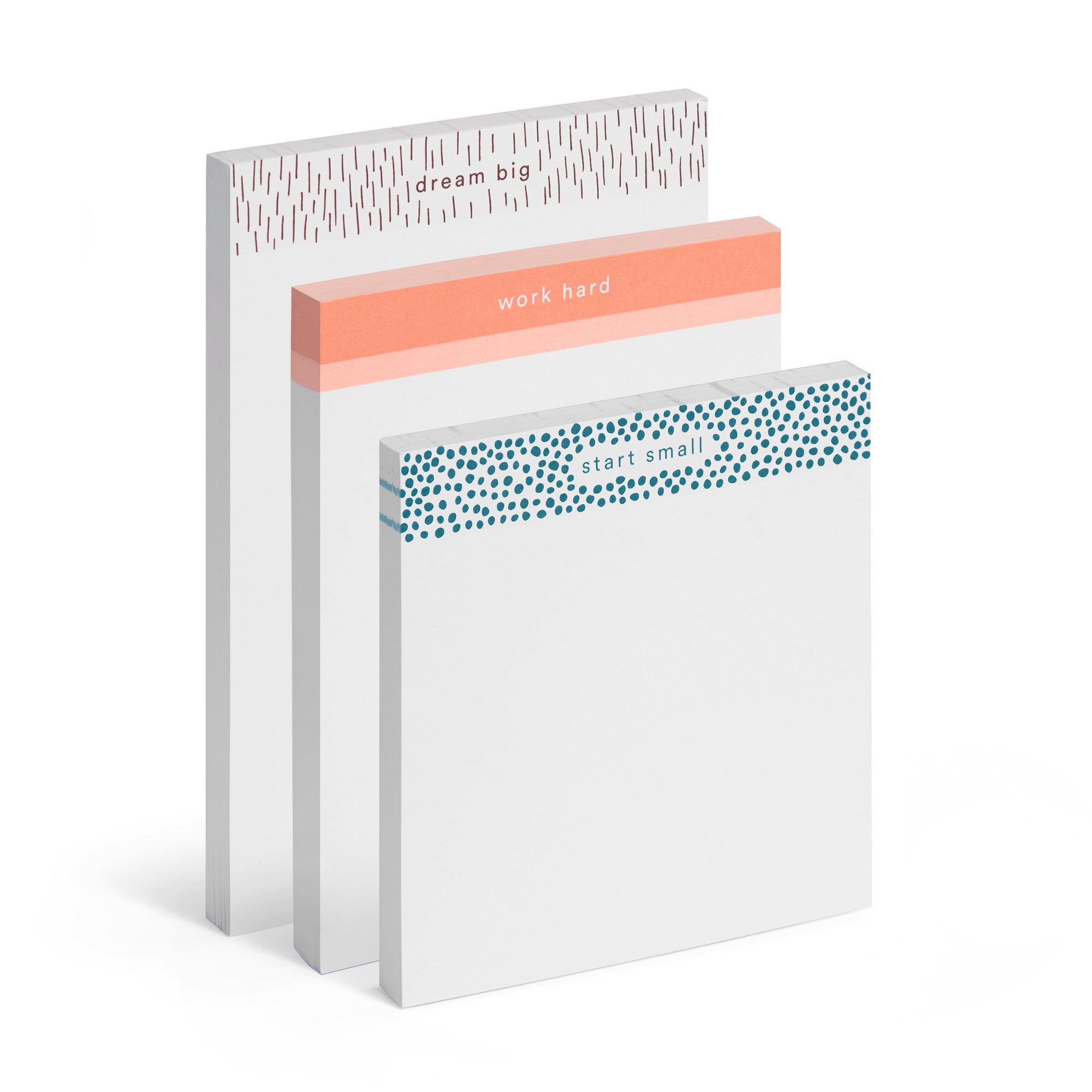 Two motivational notebooks with phrases "work hard" and "start small" on white background. 