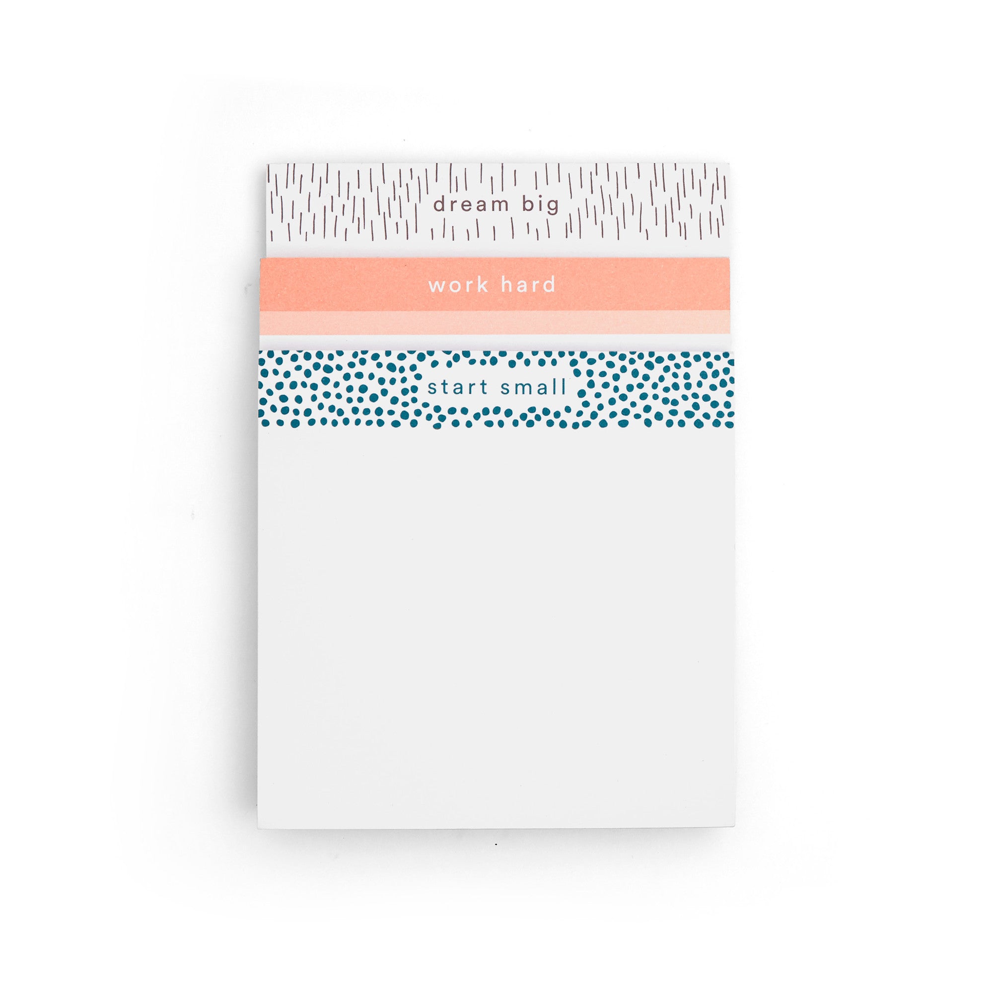 Two motivational notebooks with phrases "work hard" and "start small" on white background. 