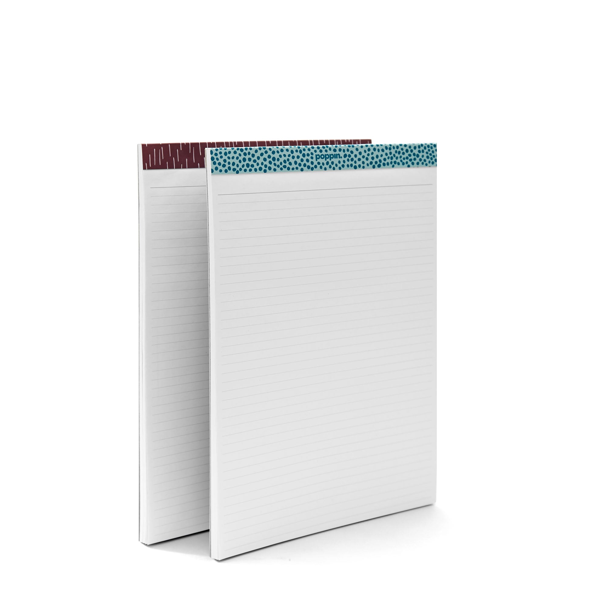 Two blank notepads with white lined pages standing upright against a white background. 