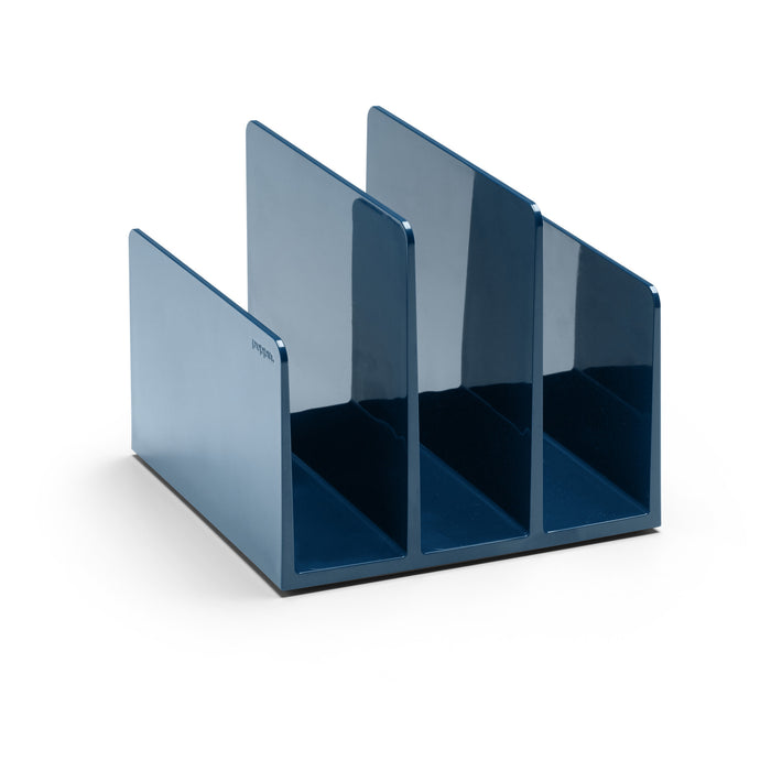 Blue acrylic office desk organizer with three compartments on white background. (Slate Blue)