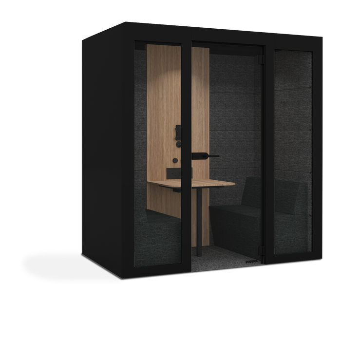 Modern office pod with black frame, wooden door, and interior furniture. (Black)
