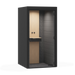 Modern office phone booth with open door, wooden interior, and shelf. (Black)