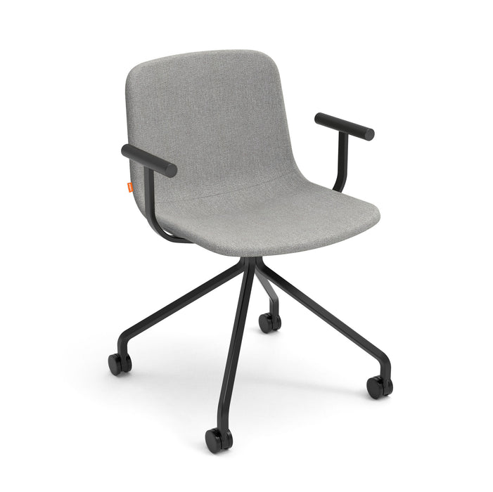 Gray rolling office chair with armrests on white background. (Gray)