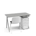 Modern office desk with metal legs, grey chair, and drawers on white background. (Light Gray)