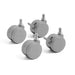 Set of four gray Poppin brand desk or chair wheels on a white background 