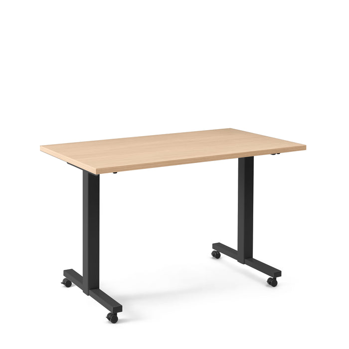 Modern office desk with wheels, black metal frame, and wooden tabletop on a white background. (Natural Oak-47&quot;)