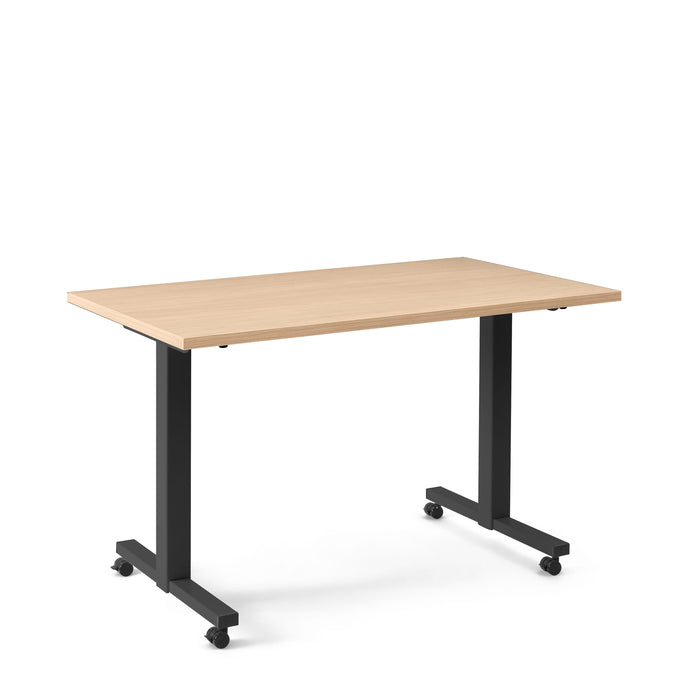 Modern wooden desk with black metal legs and wheels on white background. (Natural Oak-57&quot;)