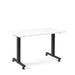 Modern white mobile desk with black metal legs on wheels against a white background. (White-57&quot;)