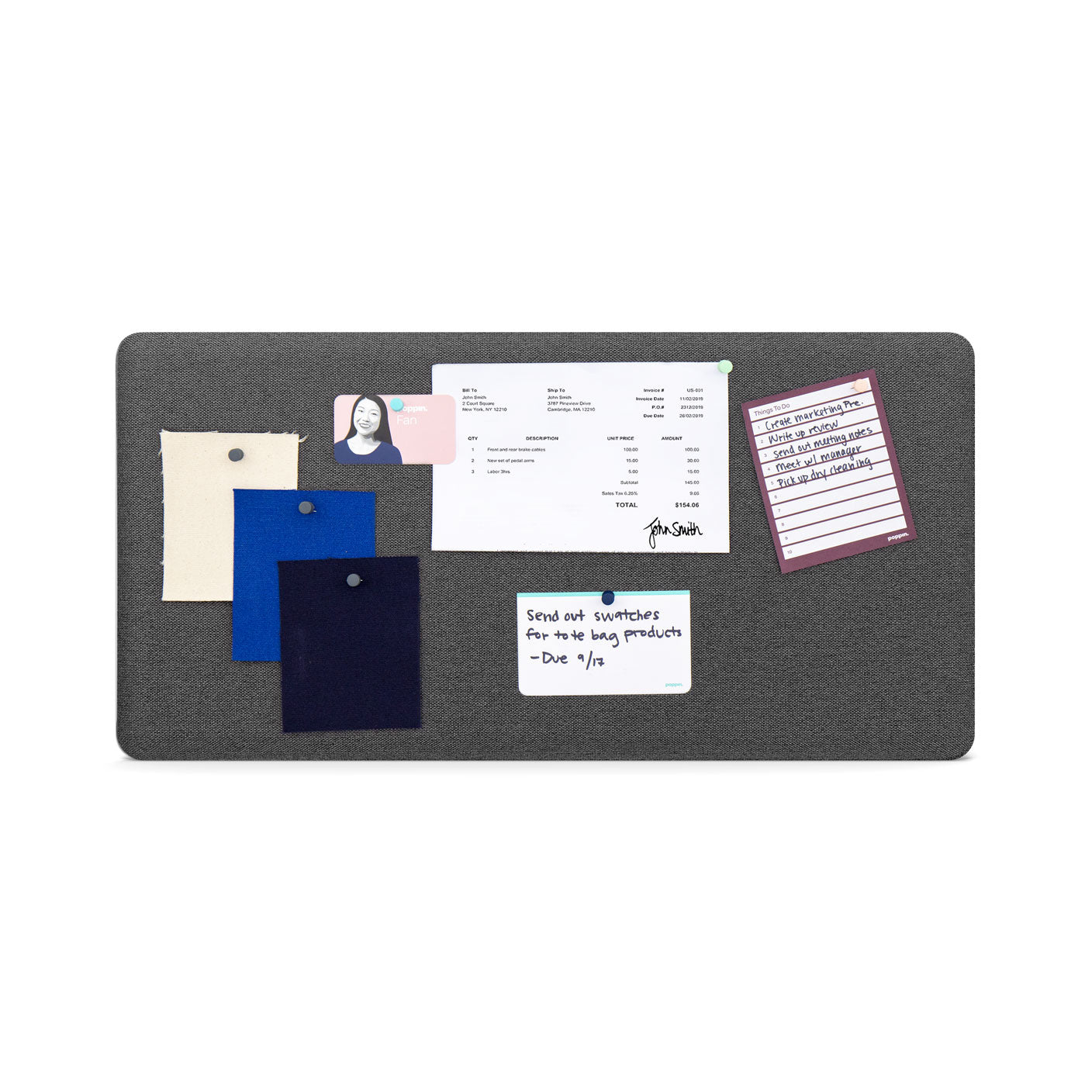 Organized bulletin board with notes, to-do list, and photo pinned on a gray background. 