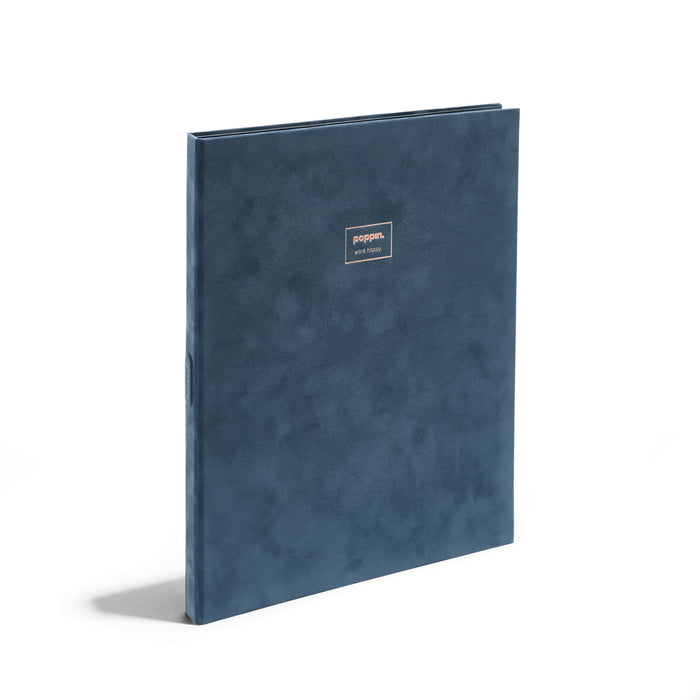 Blue hardcover report binder on a white background. 