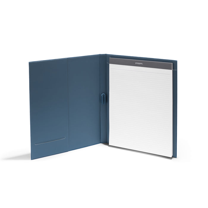 Blue portfolio folder with a notepad on a white background. 