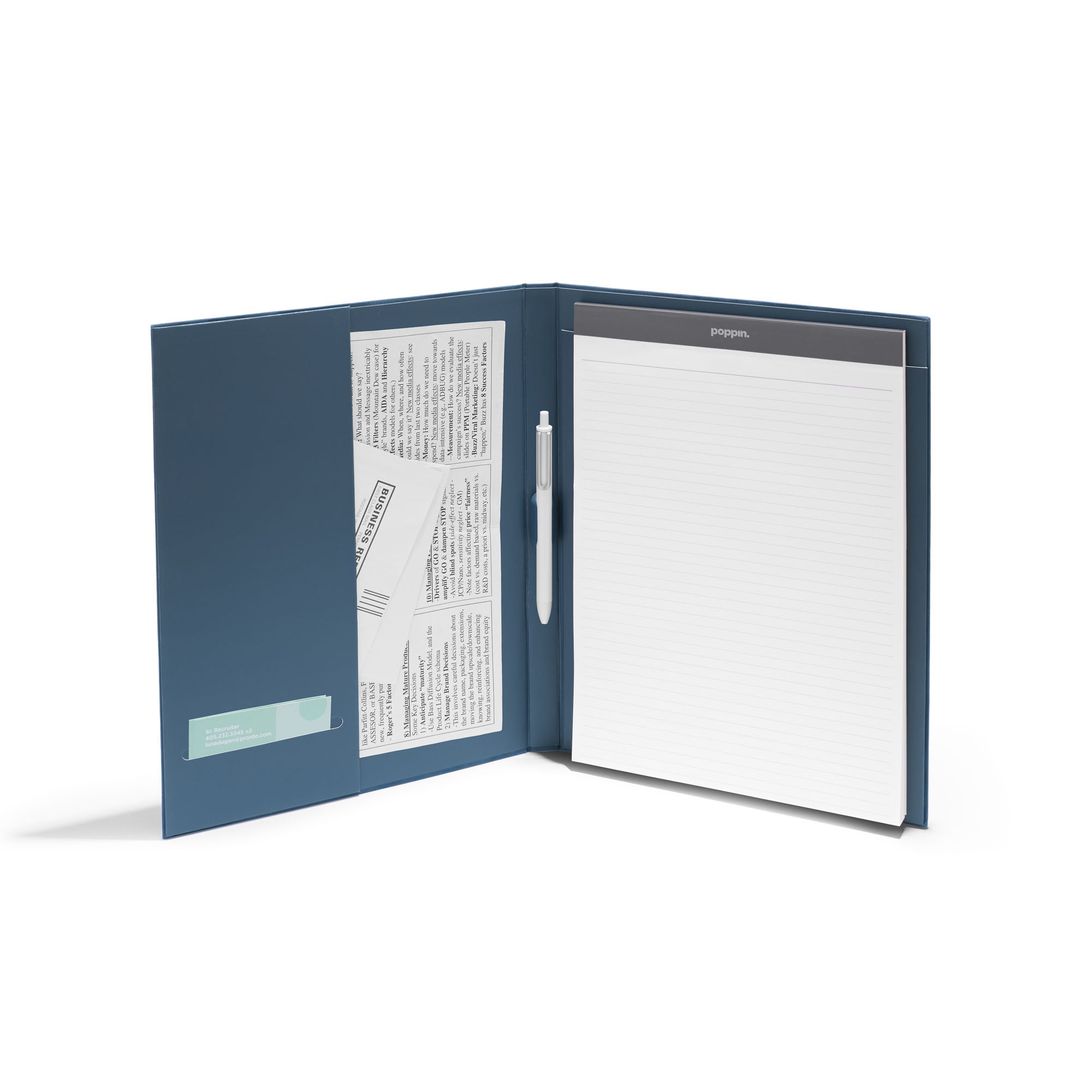 Blue hardcover report binder on a white background. 