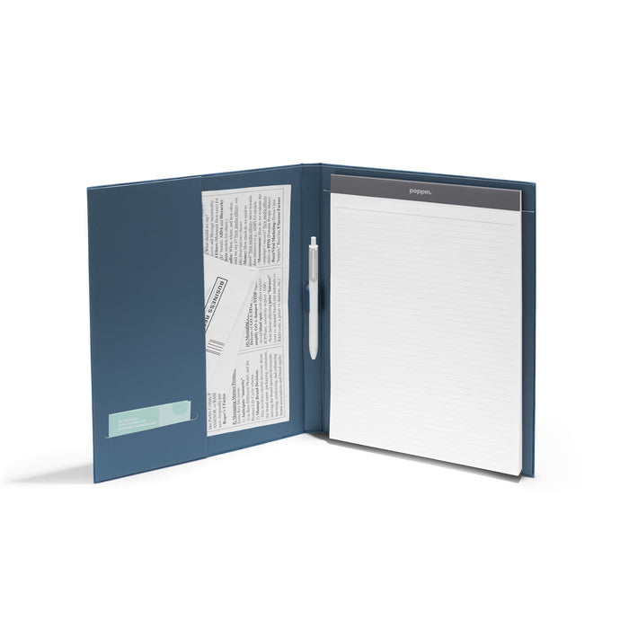 Blue open folder with documents and a white notepad on a light background. 
