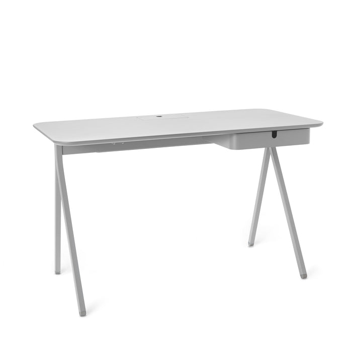 Modern gray office desk with cable management on a white background. (Light Gray)