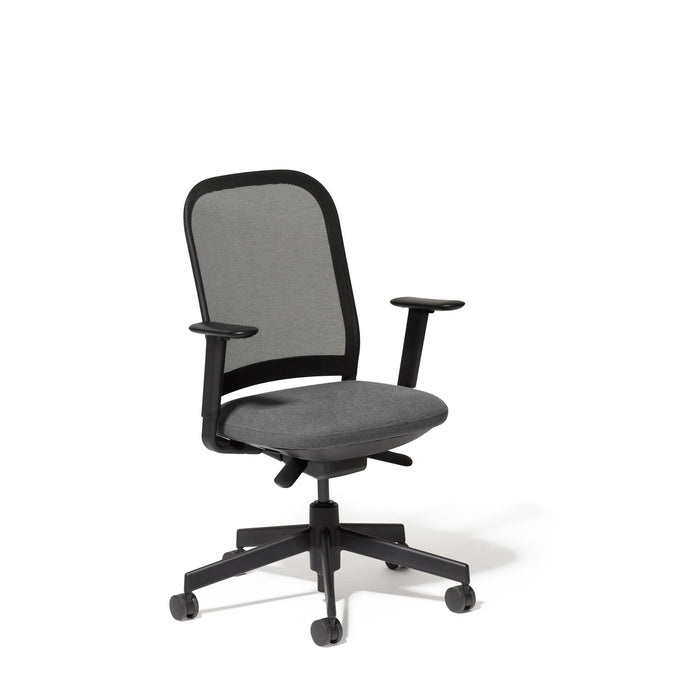 Modern ergonomic office chair with black armrests on a white background. (Dorset Charcoal-Black)