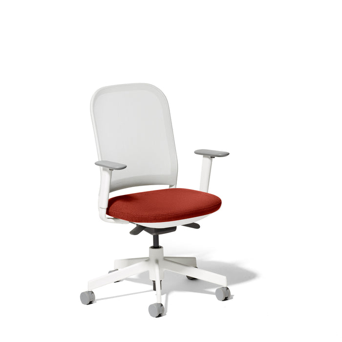 Modern white office chair with red cushion on white background. (Dorset Cayenne-White)
