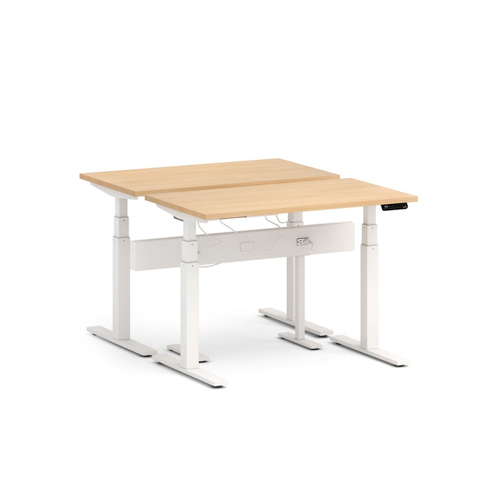 Height-adjustable standing desk with wooden top and white frame on a white background. (Natural Oak-47&quot;)